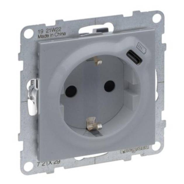 Suno 2P+F + USB-C csatlakozóaljzat (rugós), biztonsági zsaluval, alumínium 