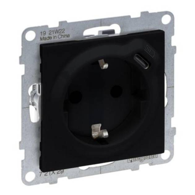 Suno 2P+F + USB-C csatlakozóaljzat (rugós), biztonsági zsaluval, fekete 