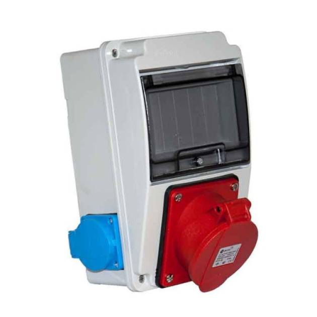 TP Electric ipari csatl. doboz 130x220mm 1x(5P 32A) + 2x(2P+F) oldalára szerelt 